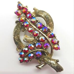 Vtg Pink/Red AB Rhinestone Tree Branch Brooch